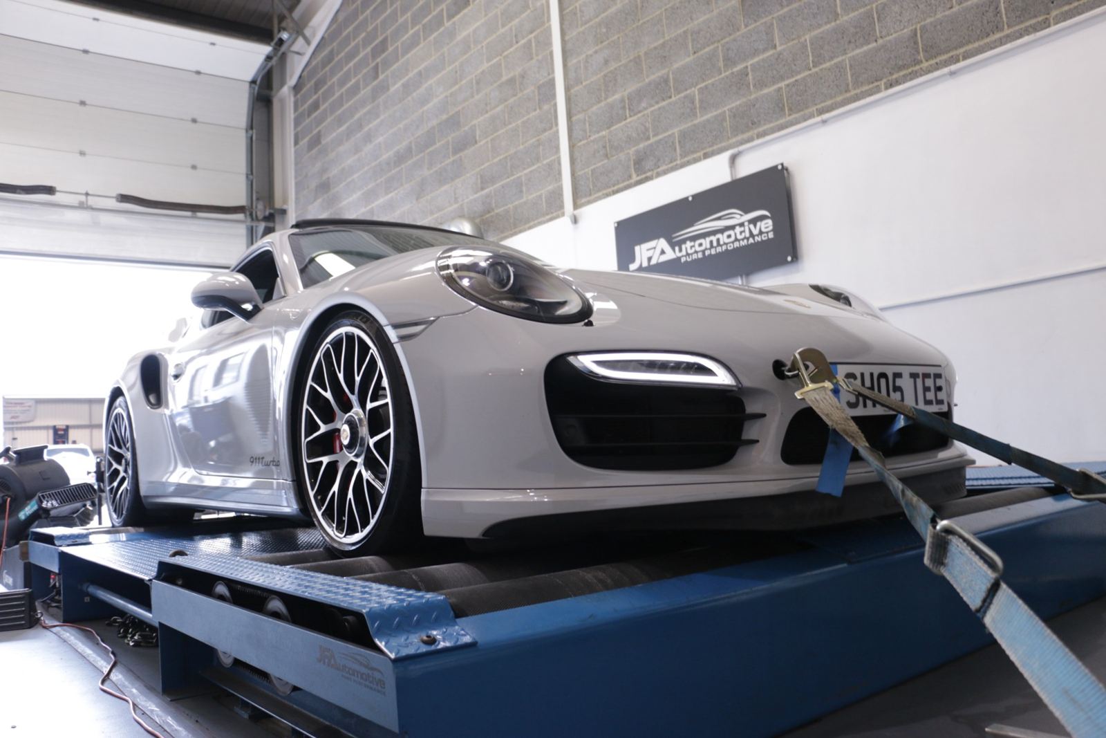 A Porsche 911 on the JF Automotive dyno in Maidstone
